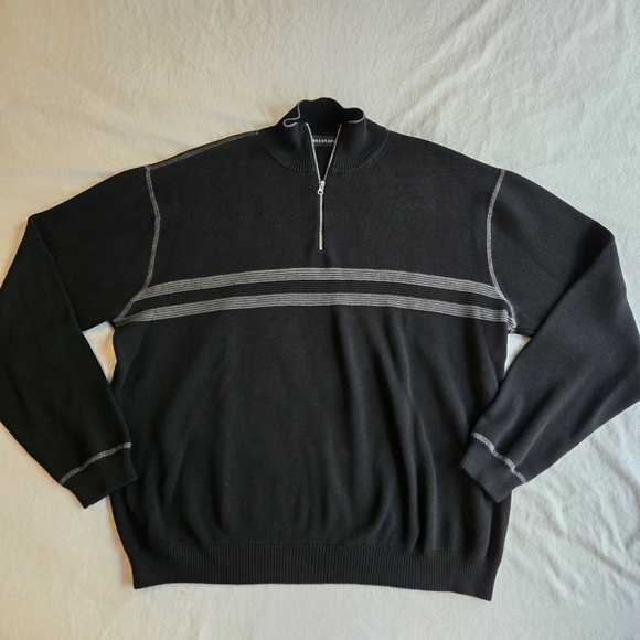 Bachrach Silk & Cotton Quarter Zip Black Sweater Grey Stripe - 90s Retro Style - Picture 1 of 9